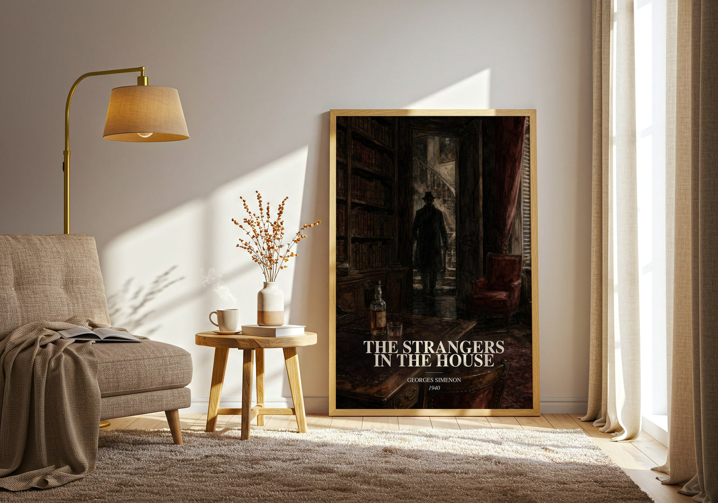 The Strangers In The House watercolour print in frame leaning in hallway – mystery wall art