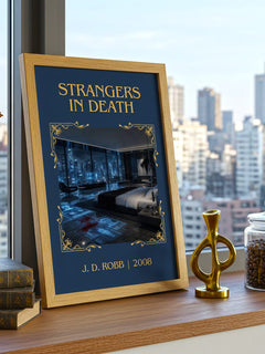 Strangers In Death Classic Book Art Print by J. D. Robb – framed print on a city-view windowsill