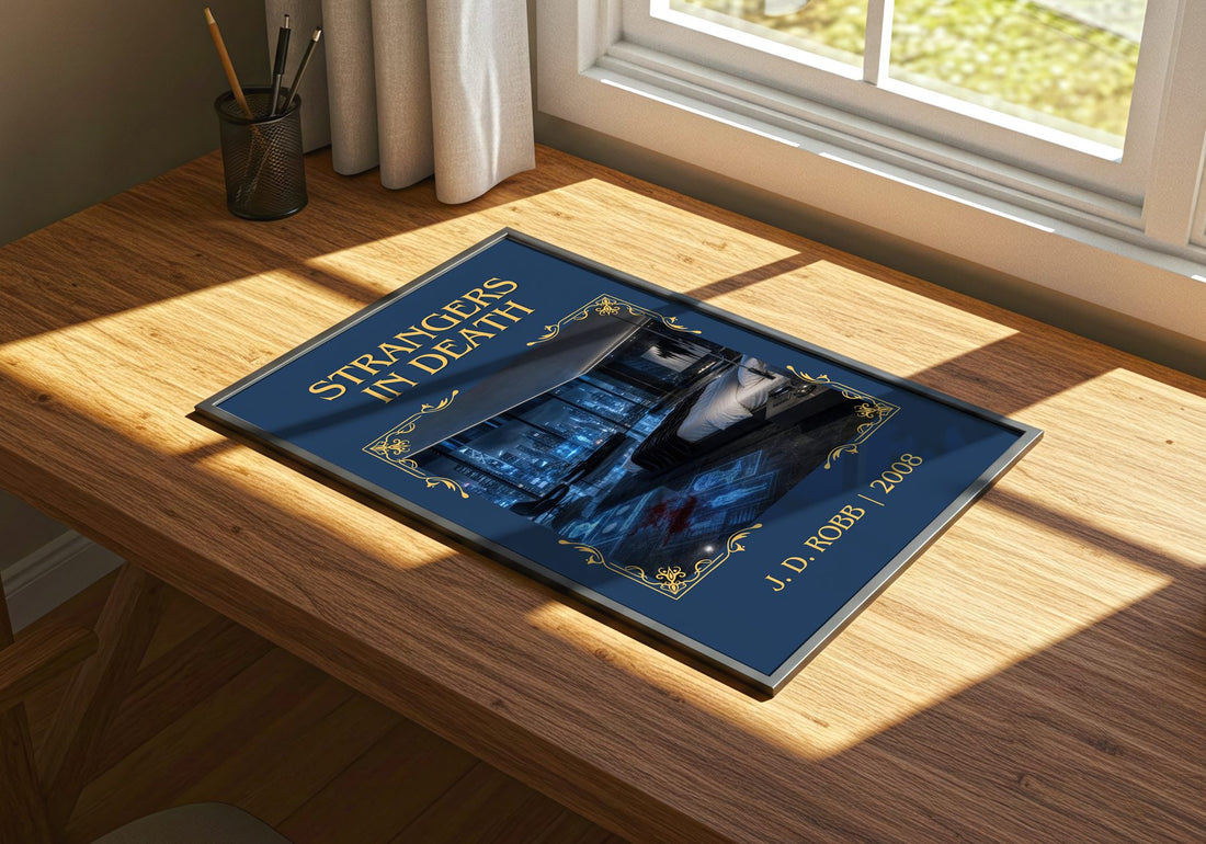 Strangers In Death Classic Book Art Print by J. D. Robb – print on a sunlit desk