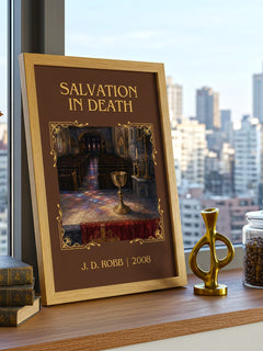 Salvation In Death Classic Book Art Print by J. D. Robb – framed print on a city-view windowsill