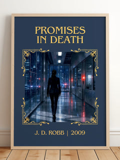 Promises In Death Classic Book Art Print by J. D. Robb – framed print leaning on a wooden floor