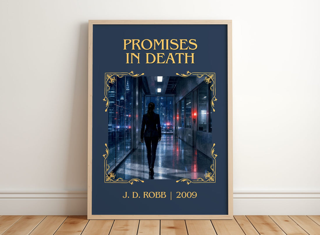 Promises In Death Classic Book Art Print by J. D. Robb – framed print leaning on a wooden floor