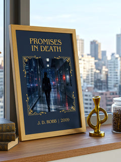 Promises In Death Classic Book Art Print by J. D. Robb – framed print on a city-view windowsill