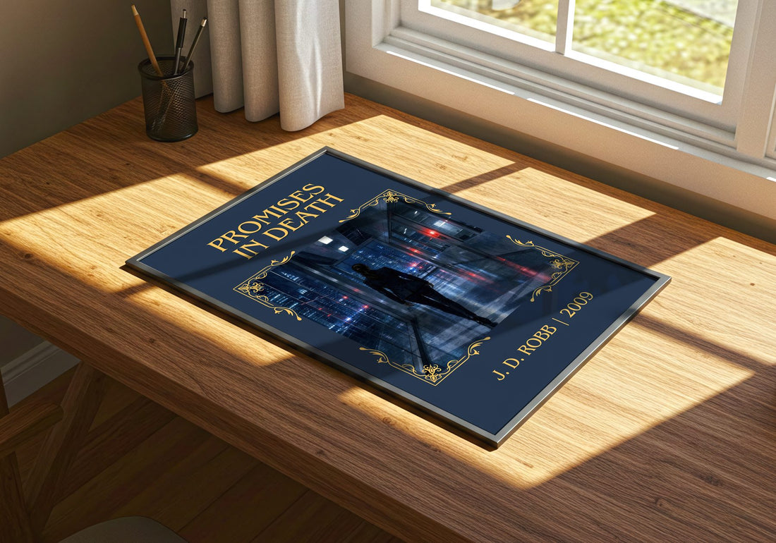Promises In Death Classic Book Art Print by J. D. Robb – print on a sunlit desk