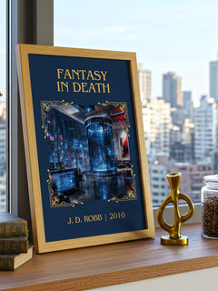 Fantasy In Death Classic Book Art Print by J. D. Robb – framed print on a city-view windowsill