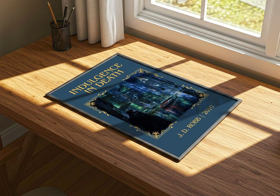 Indulgence In Death Classic Book Art Print by J. D. Robb – print on a sunlit desk