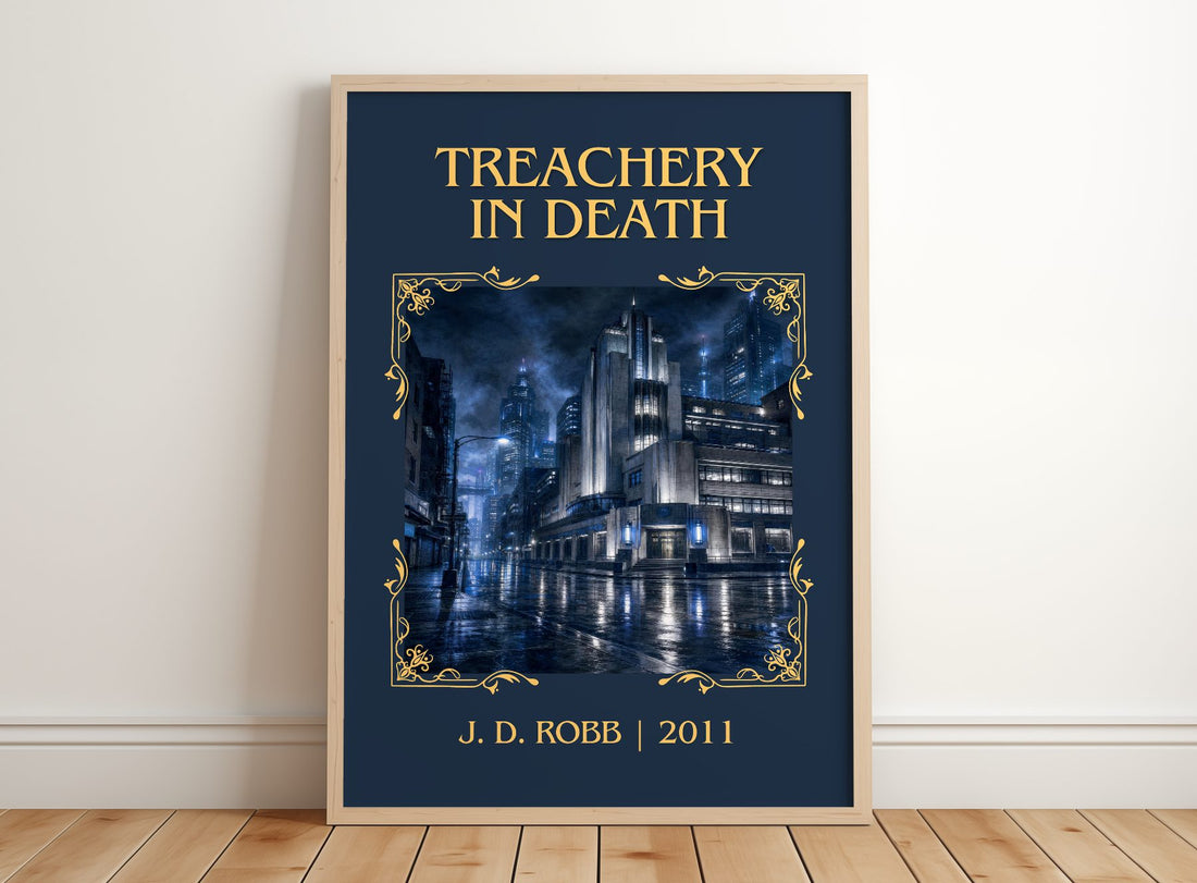 Treachery In Death Classic Book Art Print by J. D. Robb – framed print leaning on a wooden floor
