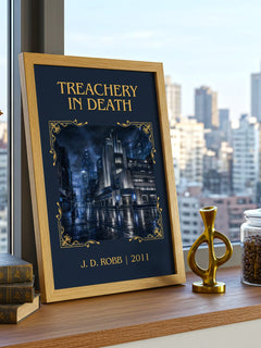 Treachery In Death Classic Book Art Print by J. D. Robb – framed print on a city-view windowsill