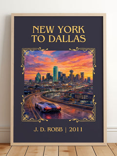 New York To Dallas Classic Book Art Print by J. D. Robb – framed print leaning on a wooden floor