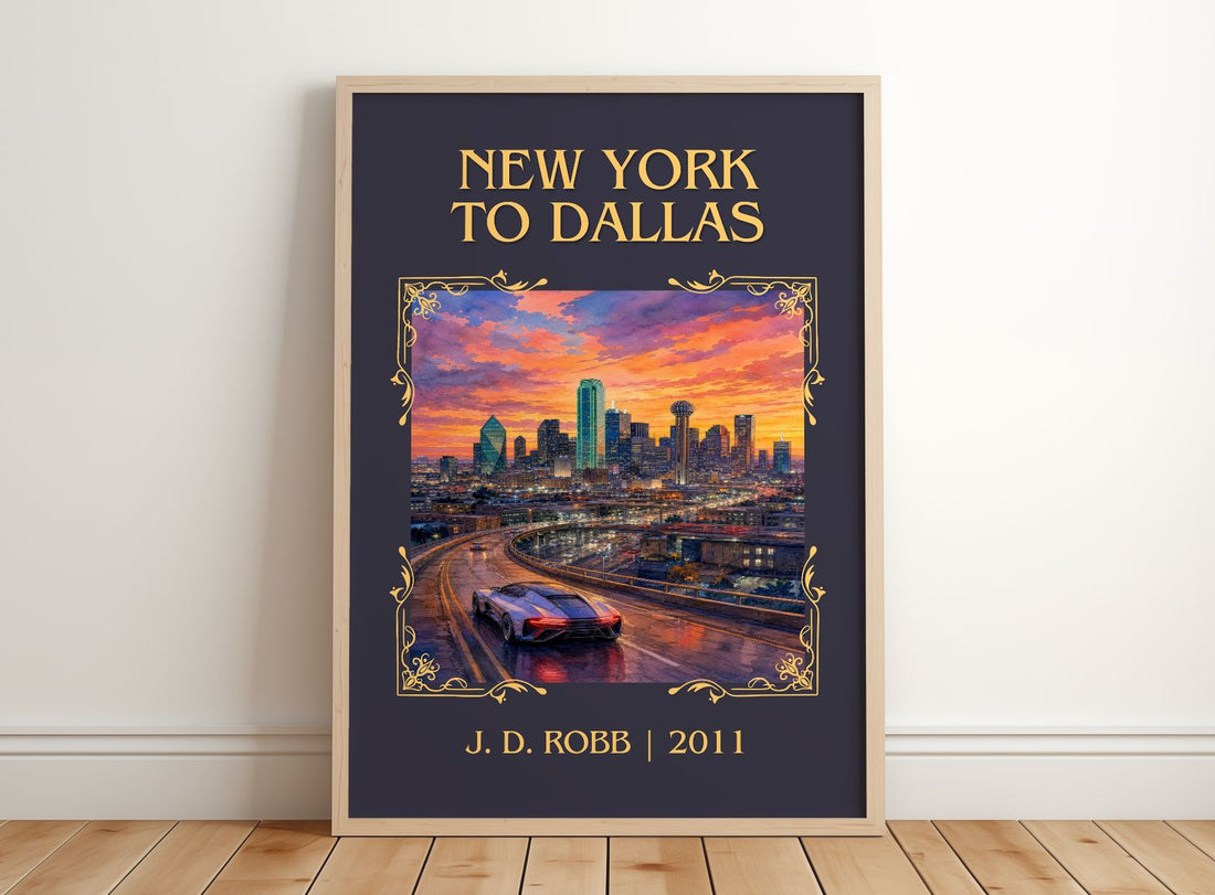 New York To Dallas Classic Book Art Print by J. D. Robb – framed print leaning on a wooden floor