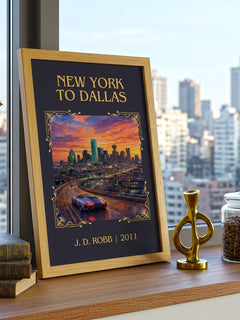 New York To Dallas Classic Book Art Print by J. D. Robb – framed print on a city-view windowsill