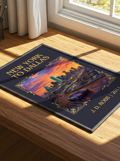 New York To Dallas Classic Book Art Print by J. D. Robb – print on a sunlit desk