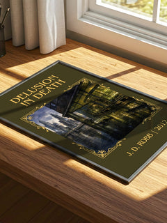 Delusion In Death Classic Book Art Print by J. D. Robb – print on a sunlit desk