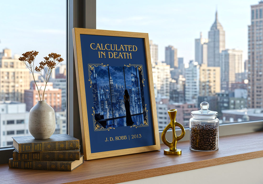 Calculated In Death Classic Book Art Print by J. D. Robb – framed print on a city-view windowsill