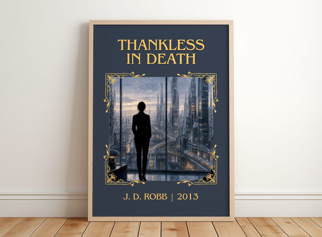 Thankless In Death Classic Book Art Print by J. D. Robb – framed print leaning on a wooden floor
