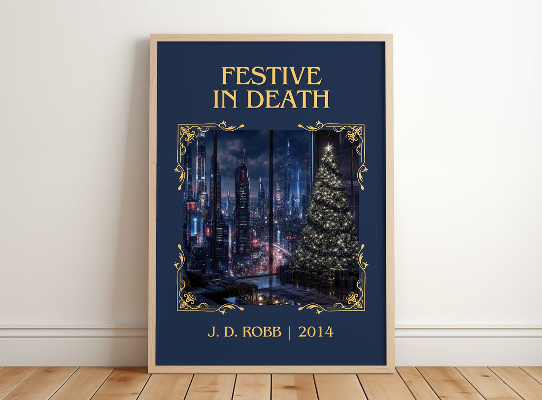 Festive In Death Classic Book Art Print by J. D. Robb – framed print leaning on a wooden floor