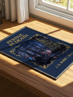 Festive In Death Classic Book Art Print by J. D. Robb – print on a sunlit desk