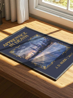 Apprentice In Death Classic Book Art Print by J. D. Robb – print on a sunlit desk
