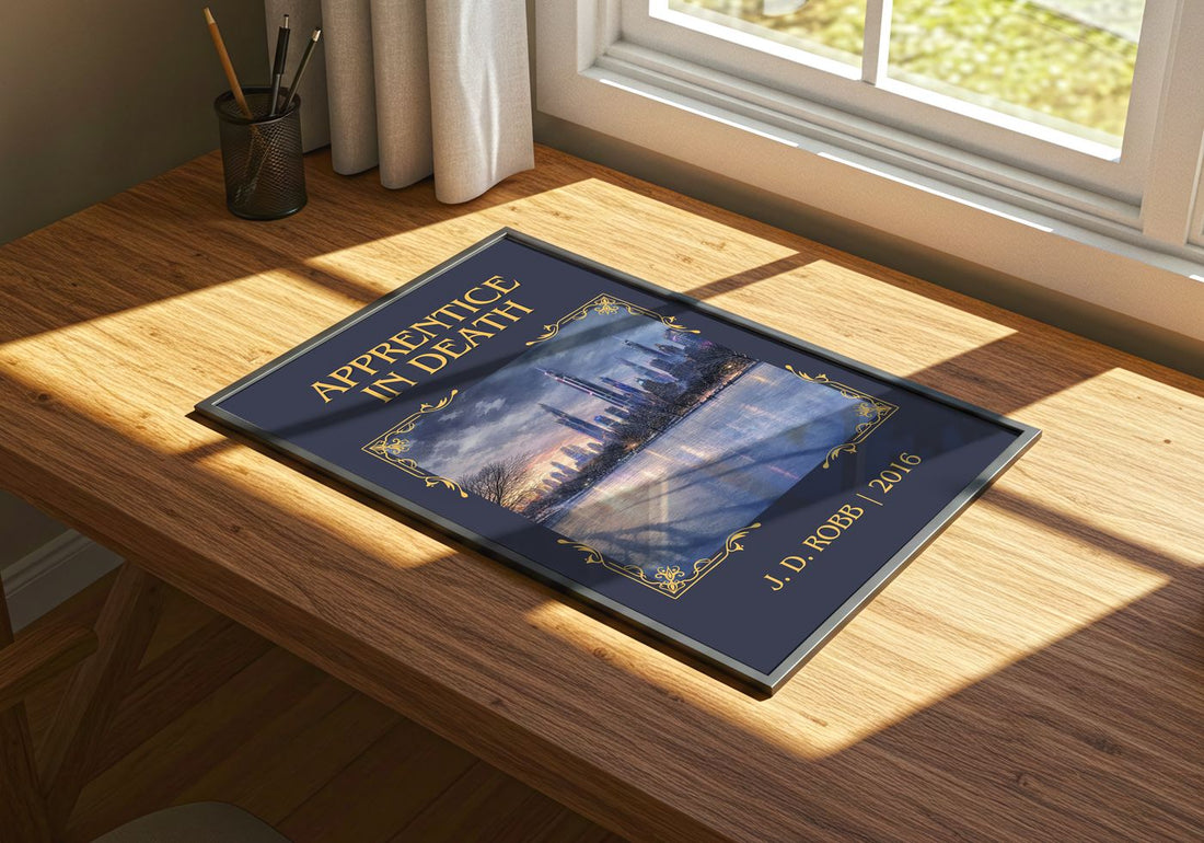 Apprentice In Death Classic Book Art Print by J. D. Robb – print on a sunlit desk