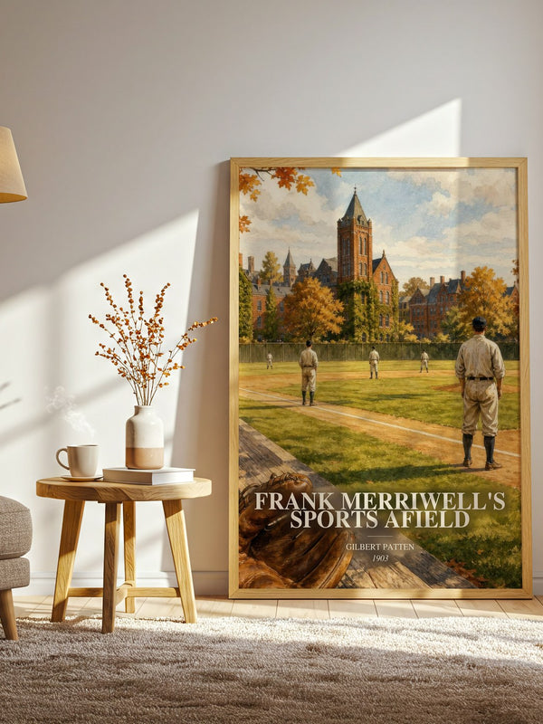 Frank Merriwell'S Sports Afield watercolour print in frame leaning in hallway – adventure wall art