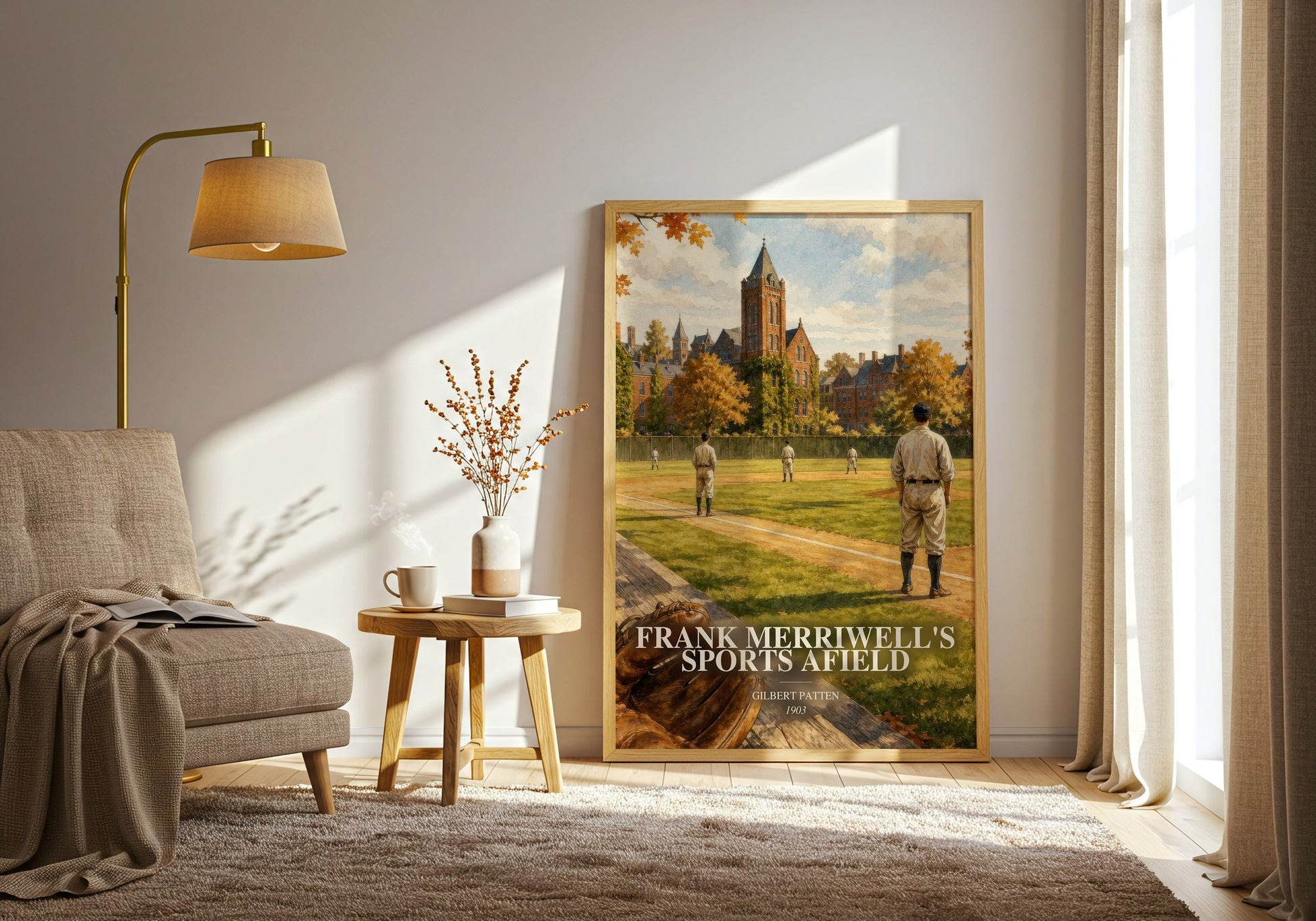 Frank Merriwell'S Sports Afield watercolour print in frame leaning in hallway – adventure wall art