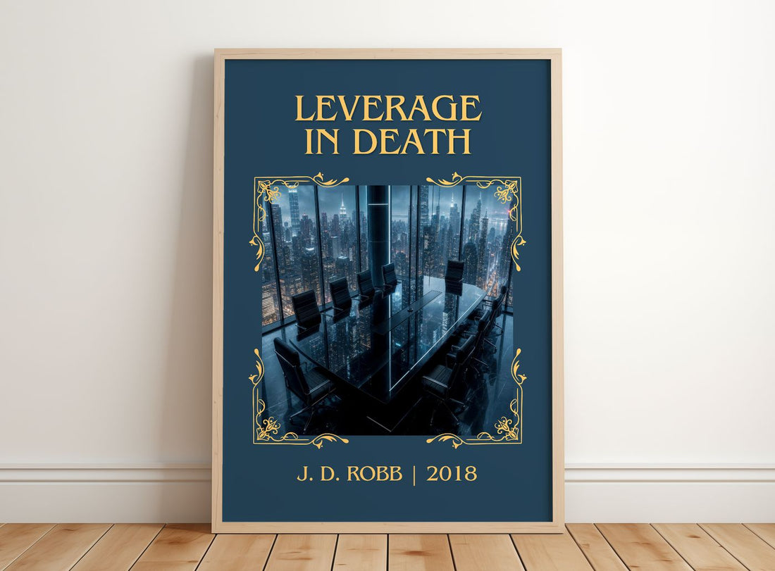 Leverage In Death Classic Book Art Print by J. D. Robb – framed print leaning on a wooden floor