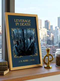 Leverage In Death Classic Book Art Print by J. D. Robb – framed print on a city-view windowsill