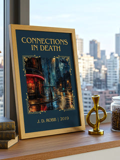 Connections In Death Classic Book Art Print by J. D. Robb – framed print on a city-view windowsill