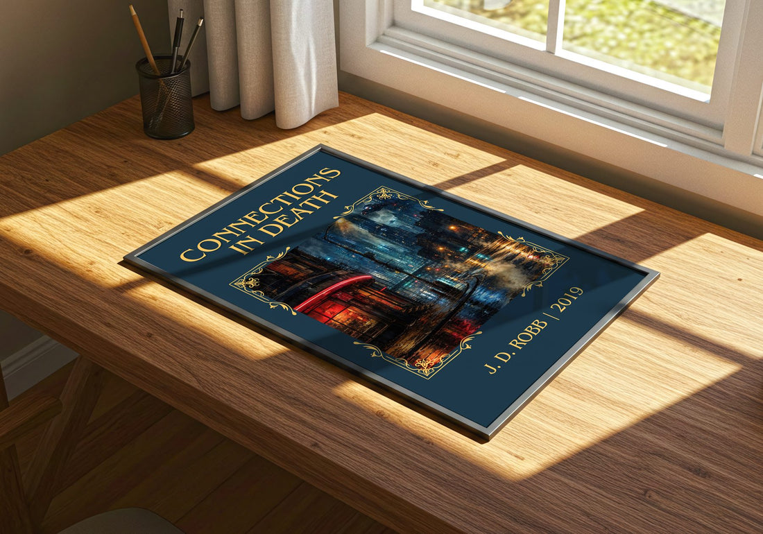 Connections In Death Classic Book Art Print by J. D. Robb – print on a sunlit desk