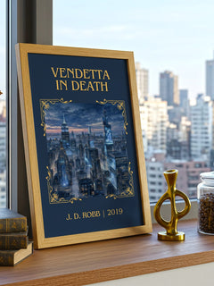 Vendetta In Death Classic Book Art Print by J. D. Robb – framed print on a city-view windowsill