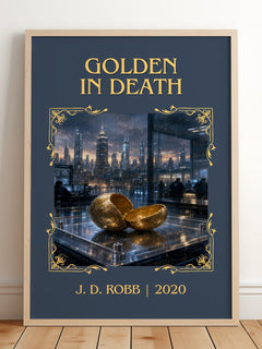 Golden In Death Classic Book Art Print by J. D. Robb – framed print leaning on a wooden floor