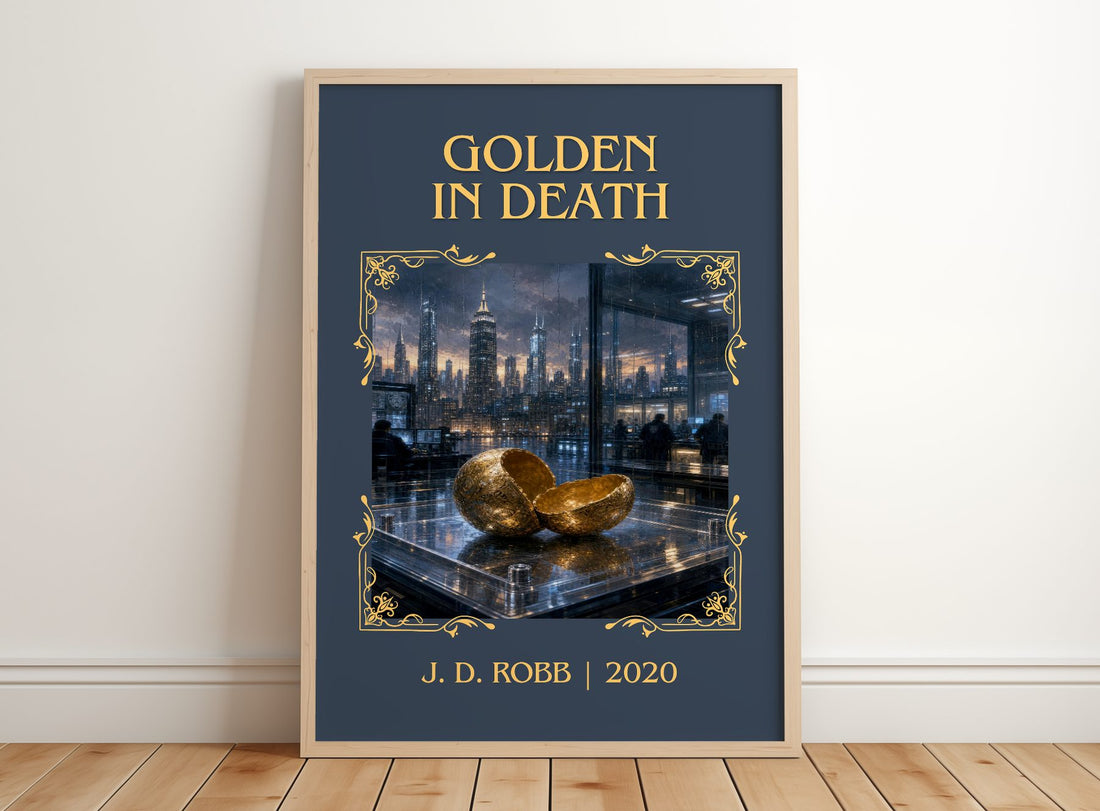 Golden In Death Classic Book Art Print by J. D. Robb – framed print leaning on a wooden floor