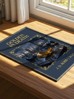Golden In Death Classic Book Art Print by J. D. Robb – print on a sunlit desk
