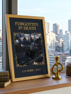 Forgotten In Death Classic Book Art Print by J. D. Robb – framed print on a city-view windowsill