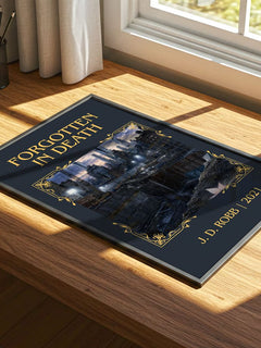 Forgotten In Death Classic Book Art Print by J. D. Robb – print on a sunlit desk