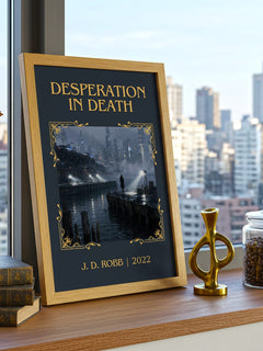 Desperation In Death Classic Book Art Print by J. D. Robb – framed print on a city-view windowsill