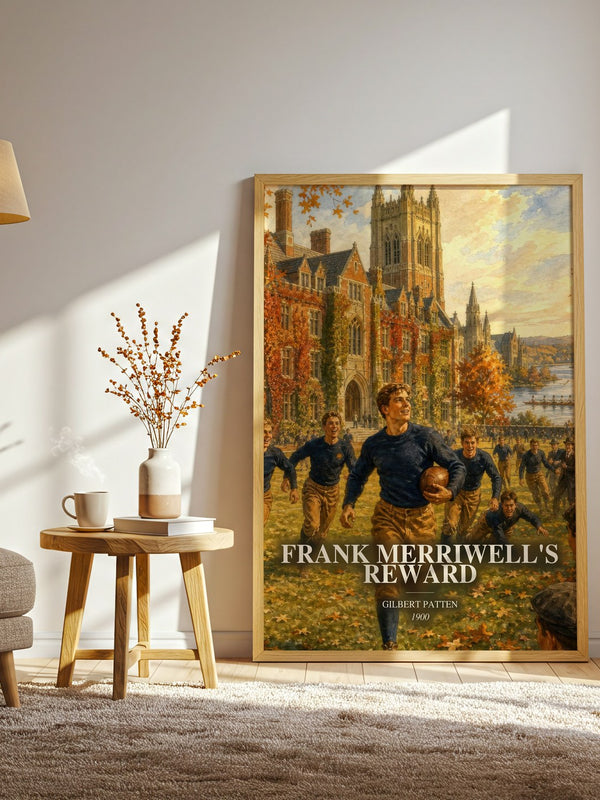 Frank Merriwell'S Reward watercolour print in frame leaning in hallway – adventure wall art