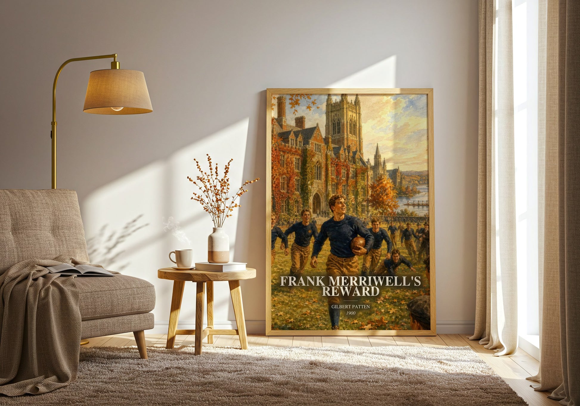 Frank Merriwell'S Reward watercolour print in frame leaning in hallway – adventure wall art