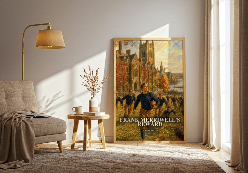Frank Merriwell'S Reward watercolour print in frame leaning in hallway – adventure wall art