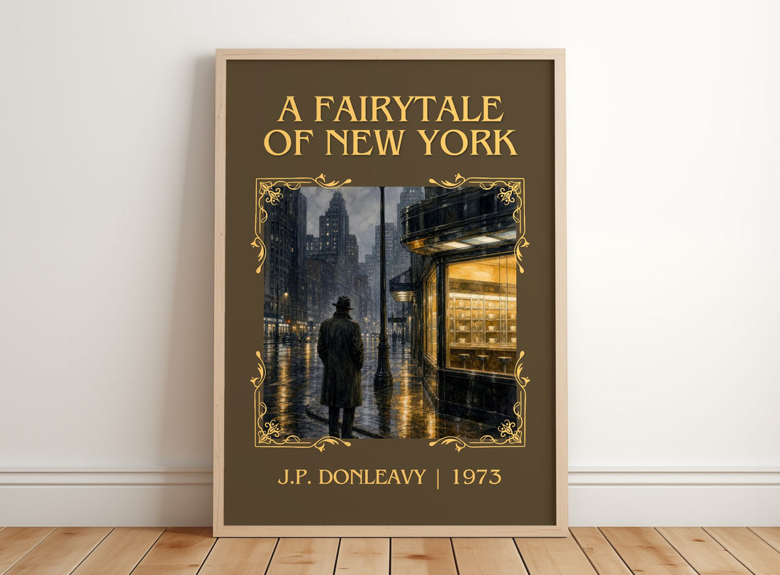A Fairytale Of New York Classic Book Art Print by J.P. Donleavy – framed print leaning on a wooden floor