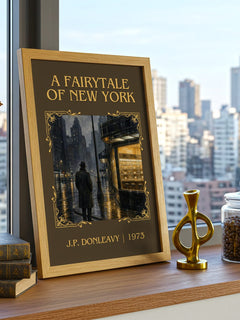 A Fairytale Of New York Classic Book Art Print by J.P. Donleavy – framed print on a city-view windowsill