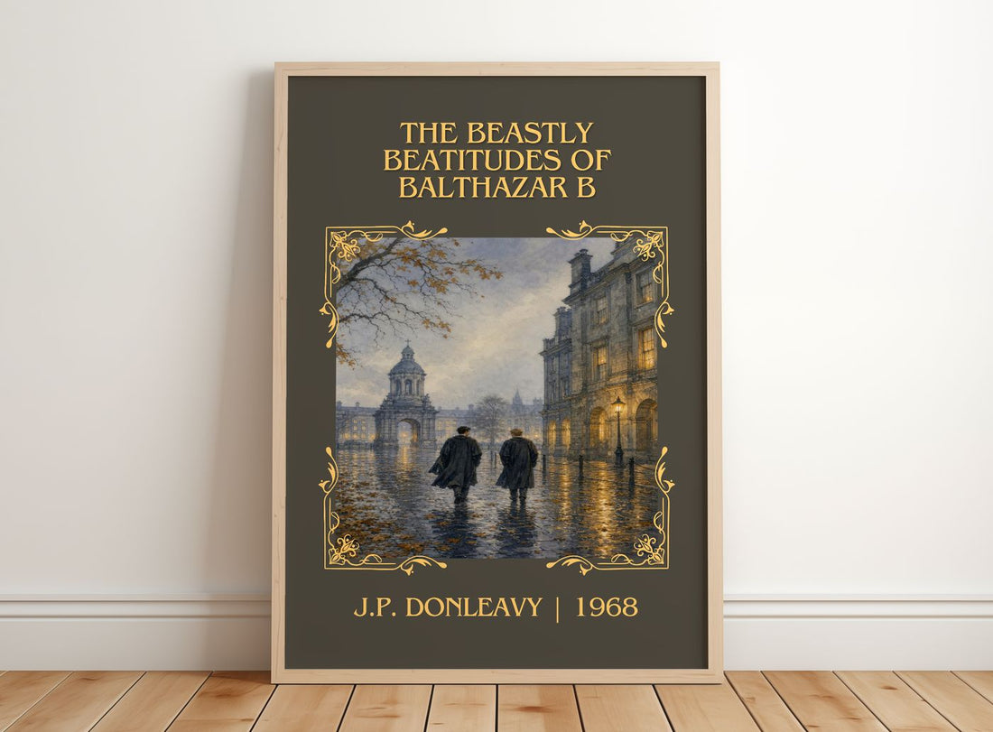 The Beastly Beatitudes Of Balthazar B Classic Book Art Print by J.P. Donleavy – framed print leaning on a wooden floor
