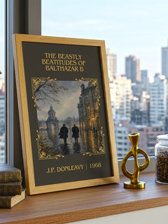 The Beastly Beatitudes Of Balthazar B Classic Book Art Print by J.P. Donleavy – framed print on a city-view windowsill