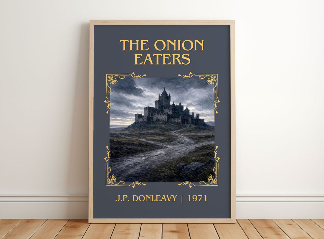 The Onion Eaters Classic Book Art Print by J.P. Donleavy – framed print leaning on a wooden floor