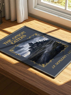 The Onion Eaters Classic Book Art Print by J.P. Donleavy – print on a sunlit desk