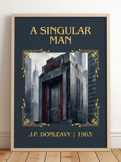 A Singular Man Classic Book Art Print by J.P. Donleavy – framed print leaning on a wooden floor