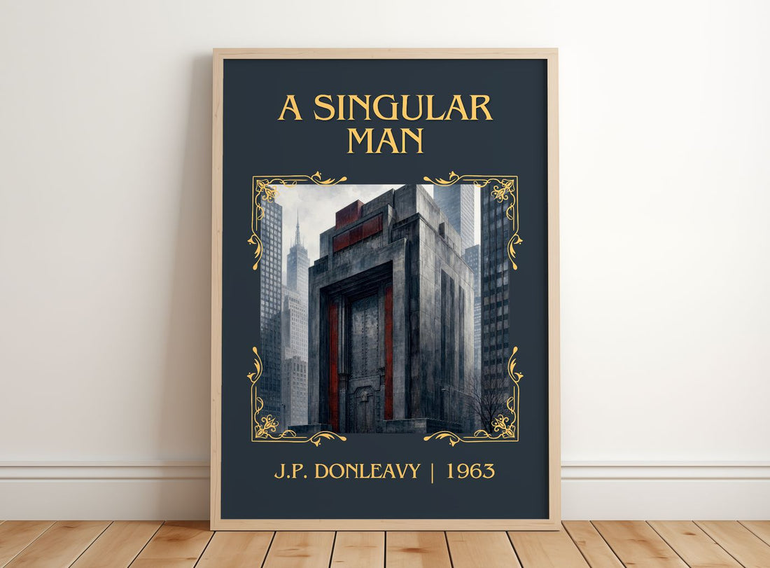 A Singular Man Classic Book Art Print by J.P. Donleavy – framed print leaning on a wooden floor
