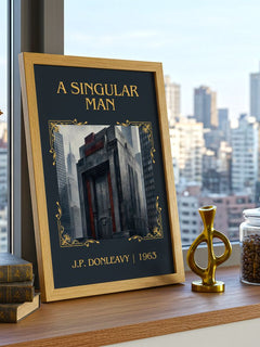 A Singular Man Classic Book Art Print by J.P. Donleavy – framed print on a city-view windowsill