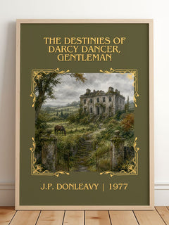 The Destinies Of Darcy Dancer, Gentleman Classic Book Art Print by J.P. Donleavy – framed print leaning on a wooden floor