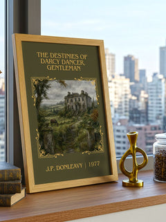 The Destinies Of Darcy Dancer, Gentleman Classic Book Art Print by J.P. Donleavy – framed print on a city-view windowsill